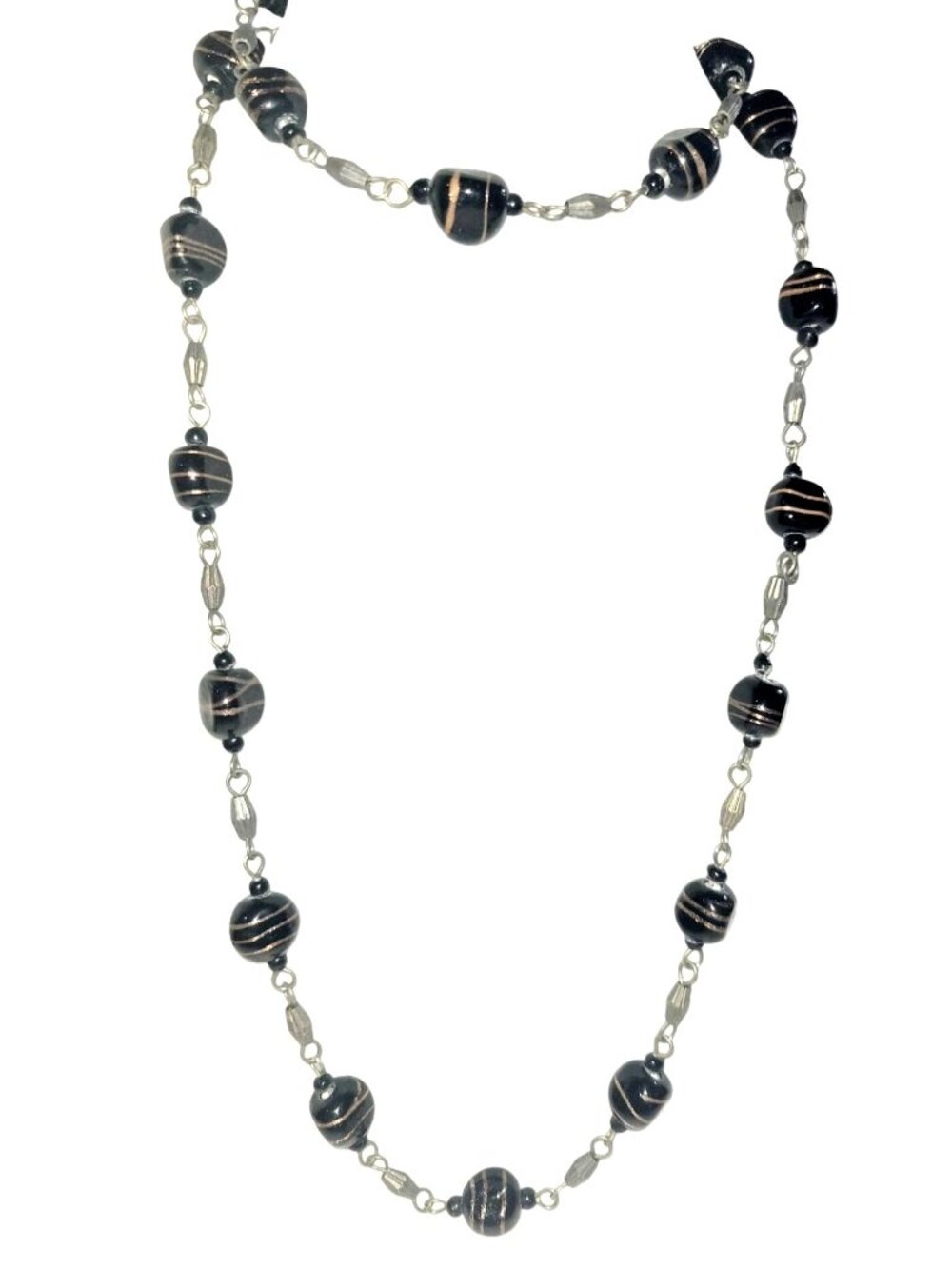 Vintage Black Glass Bead Necklace Gold Aventurine Lampwork Silver Spacers 38”